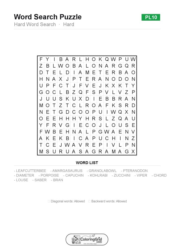 Word Search HARD - Hard Word Search Puzzle 010