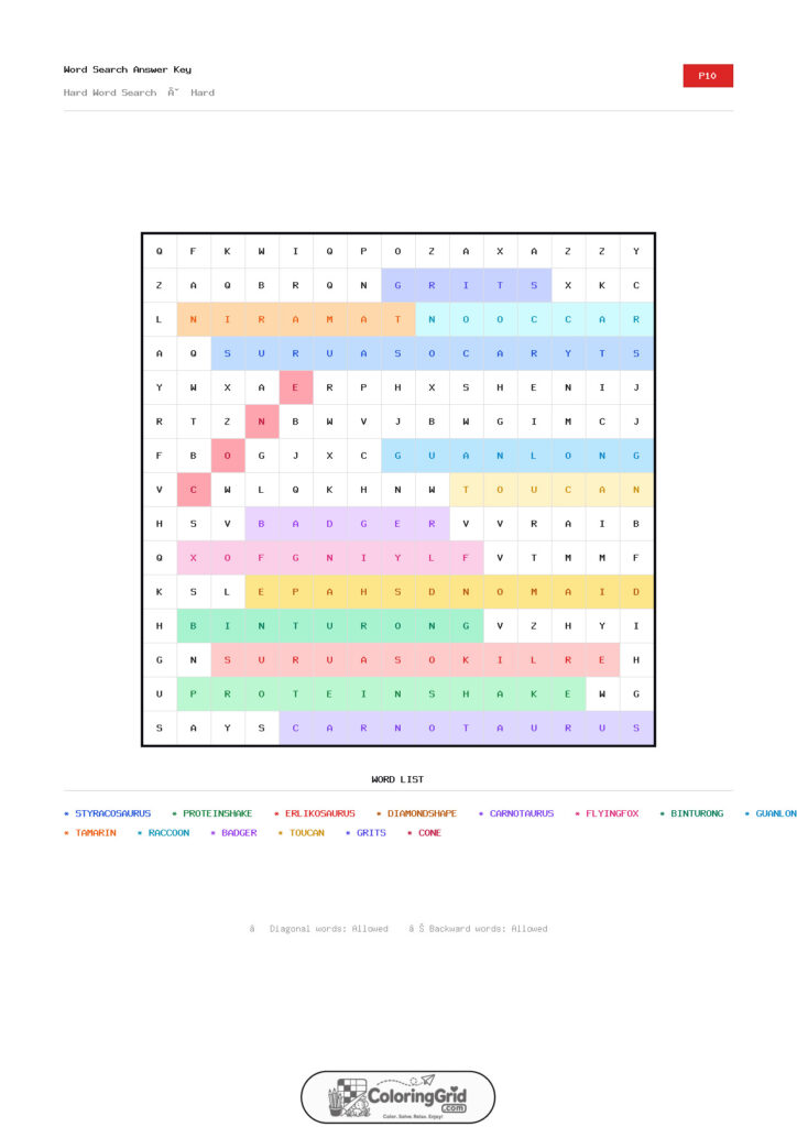 Word Search HARD - Hard Word Search Puzzle 010 - ANSWER
