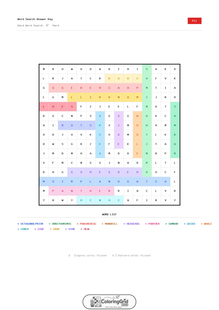 Word Search HARD - Hard Word Search Puzzle 011 - ANSWER