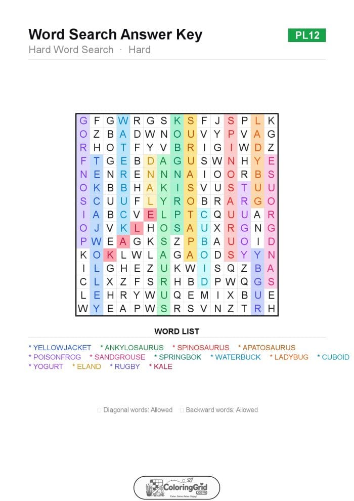Word Search HARD - Hard Word Search Puzzle 012 - ANSWER