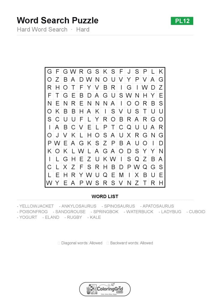 Word Search HARD - Hard Word Search Puzzle 012
