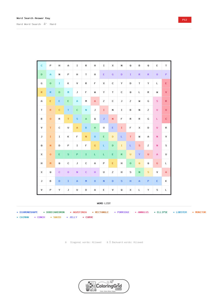 Word Search HARD - Hard Word Search Puzzle 012 - ANSWER