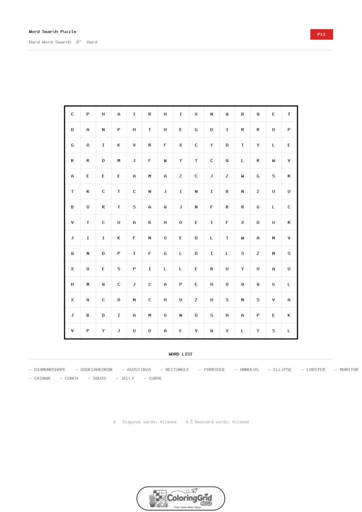 Word Search HARD - Hard Word Search Puzzle 012