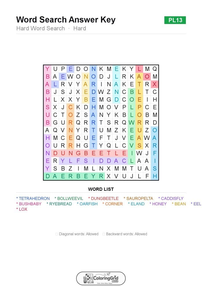 Word Search HARD - Hard Word Search Puzzle 013 - ANSWER