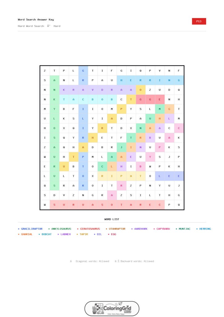 Word Search HARD - Hard Word Search Puzzle 013 - ANSWER
