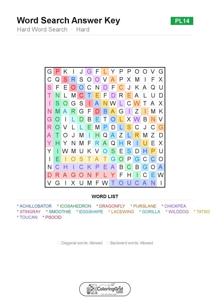 Word Search HARD - Hard Word Search Puzzle 014 - ANSWER