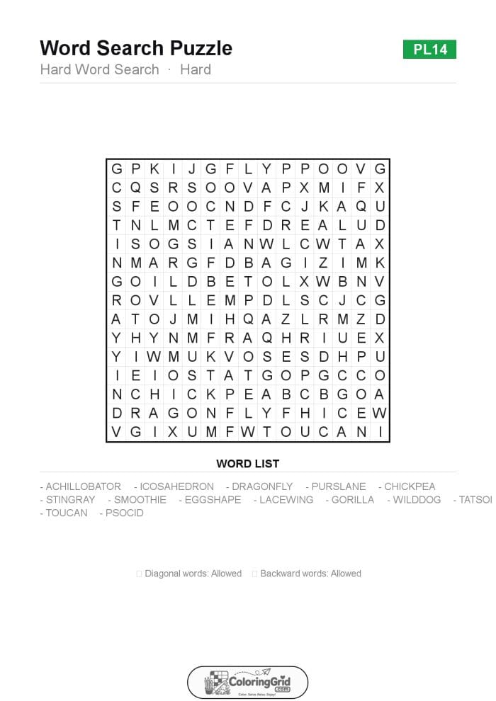 Word Search HARD - Hard Word Search Puzzle 014