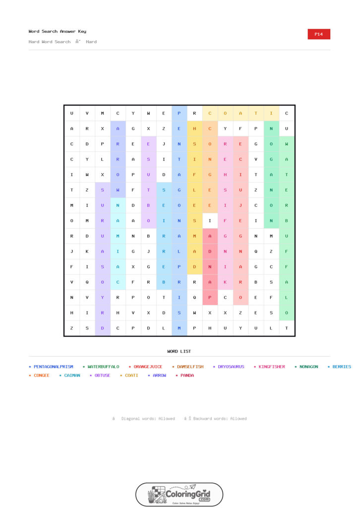 Word Search HARD - Hard Word Search Puzzle 014 - ANSWER