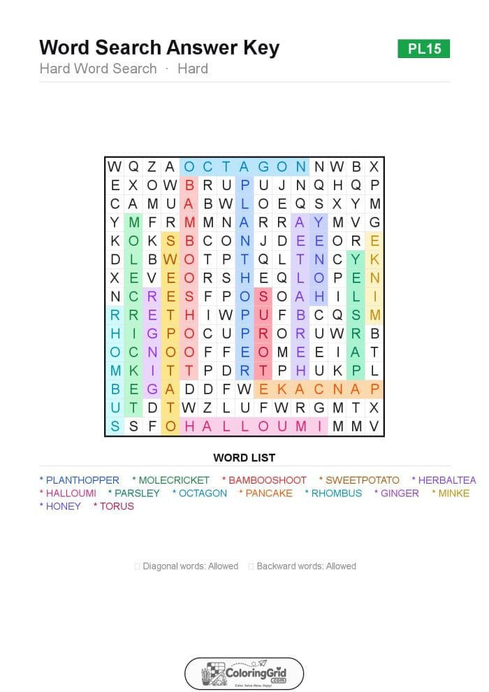 Word Search HARD - Hard Word Search Puzzle 015 - ANSWER