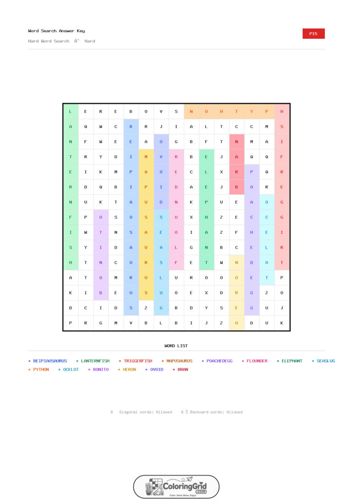 Word Search HARD - Hard Word Search Puzzle 015 - ANSWER