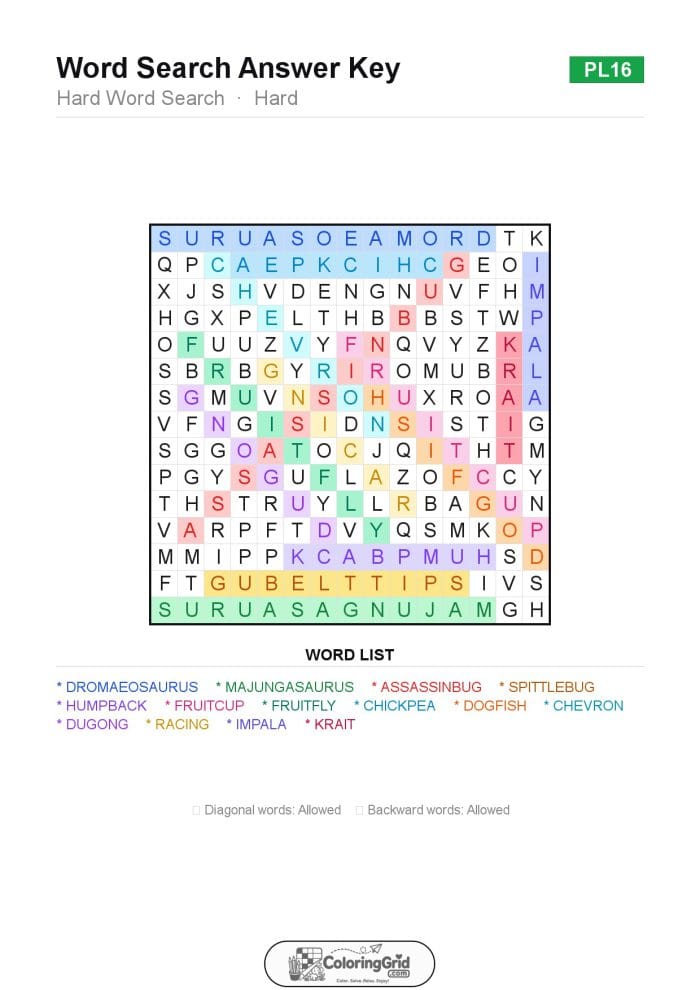 Word Search HARD - Hard Word Search Puzzle 016 - ANSWER
