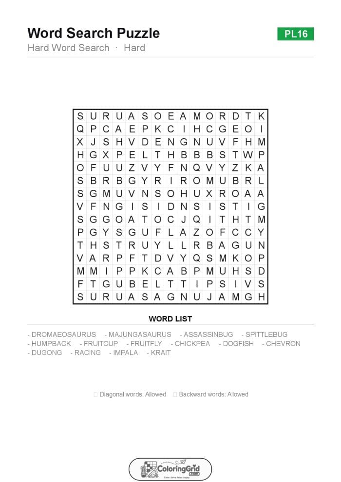 Word Search HARD - Hard Word Search Puzzle 016