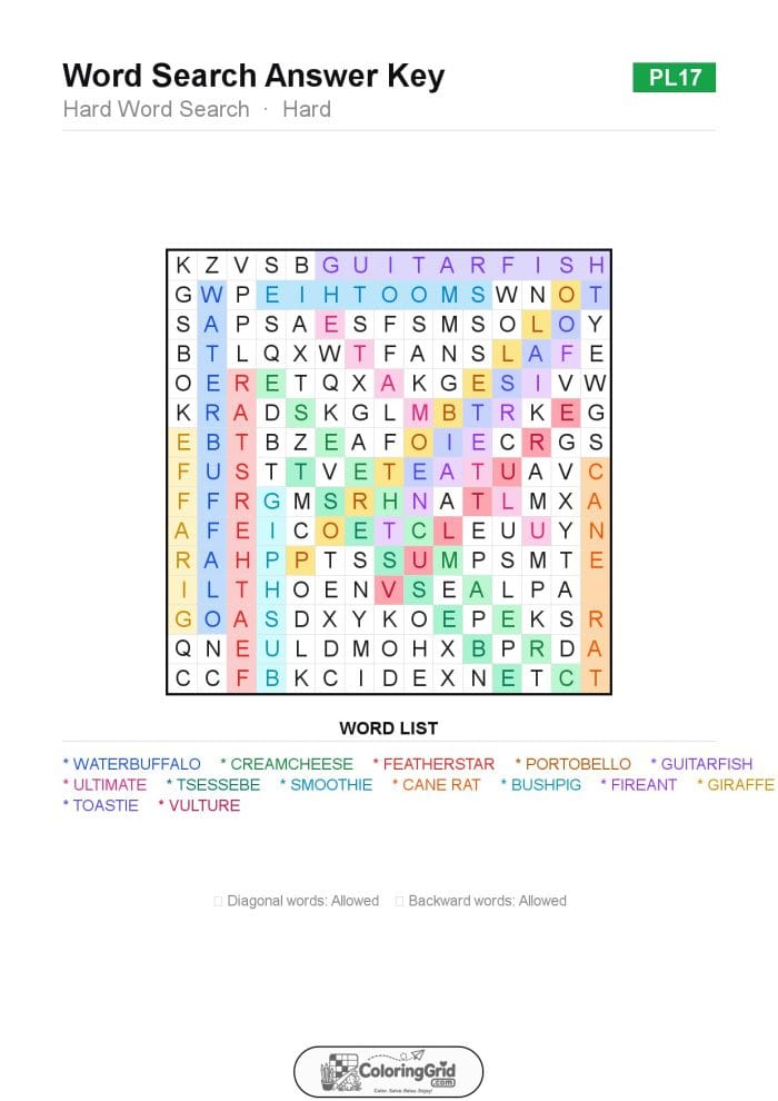 Word Search HARD - Hard Word Search Puzzle 017 - ANSWER