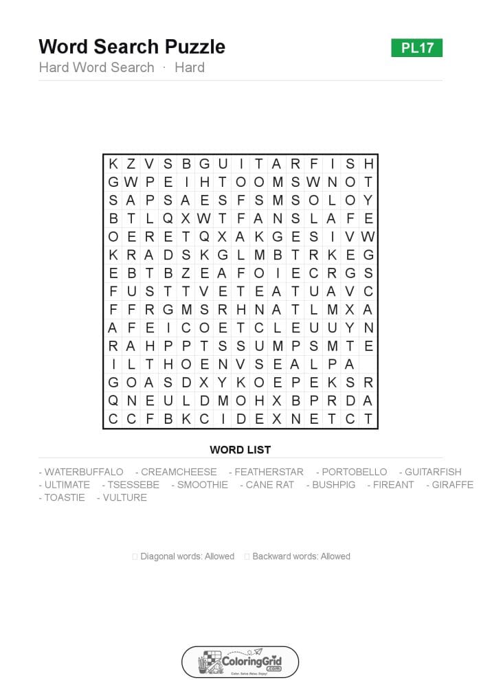 Word Search HARD - Hard Word Search Puzzle 017