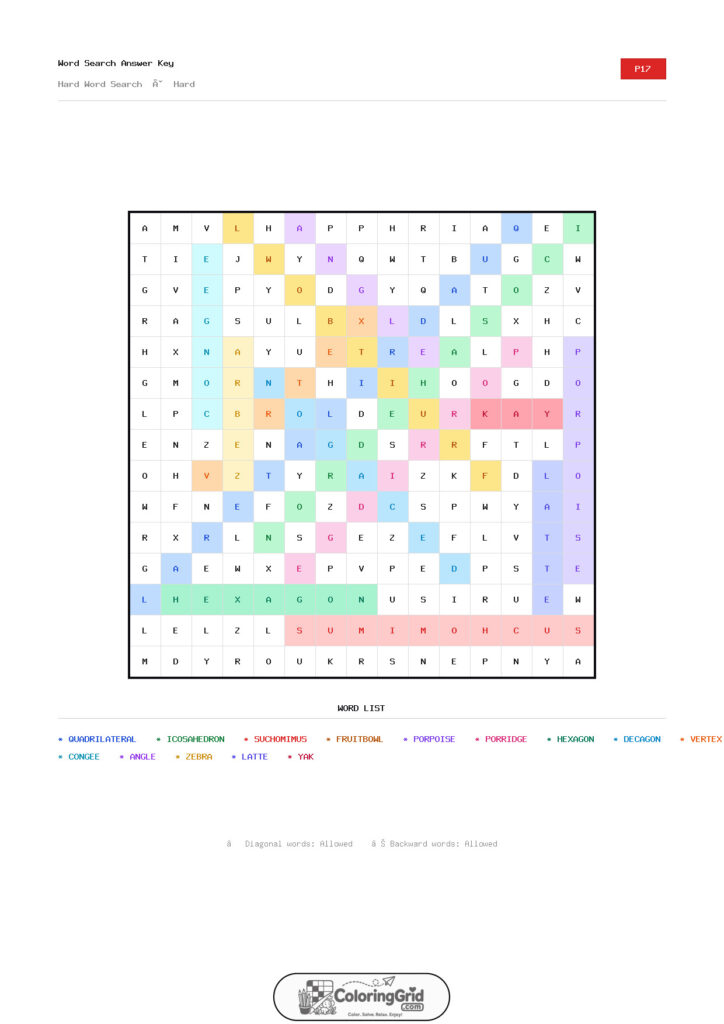 Word Search HARD - Hard Word Search Puzzle 017 - ANSWER