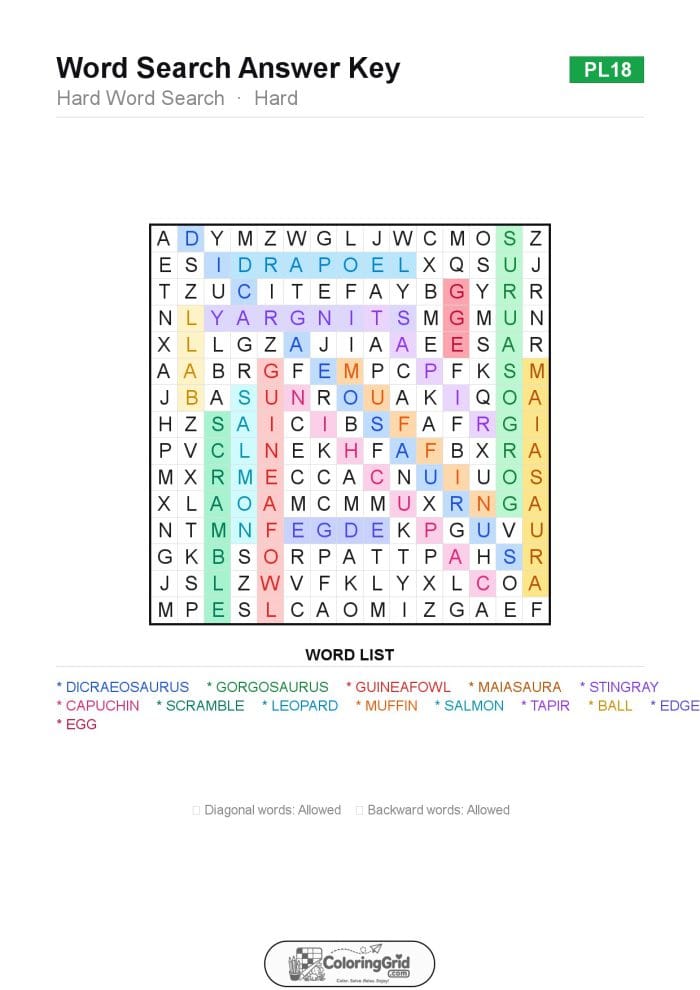Word Search HARD - Hard Word Search Puzzle 018 - ANSWER