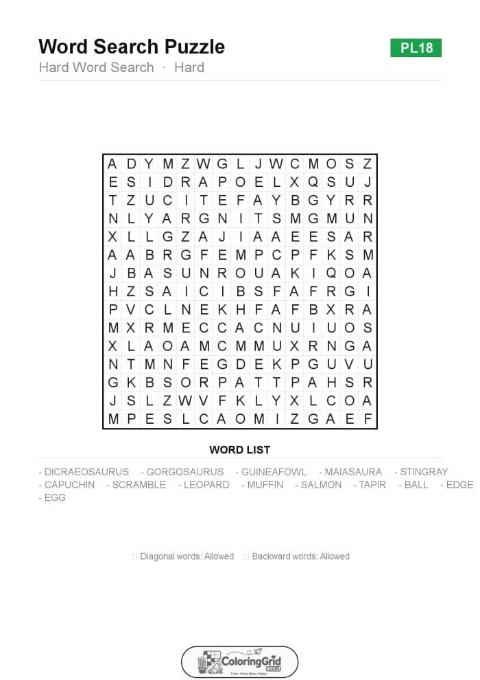 Word Search HARD - Hard Word Search Puzzle 018