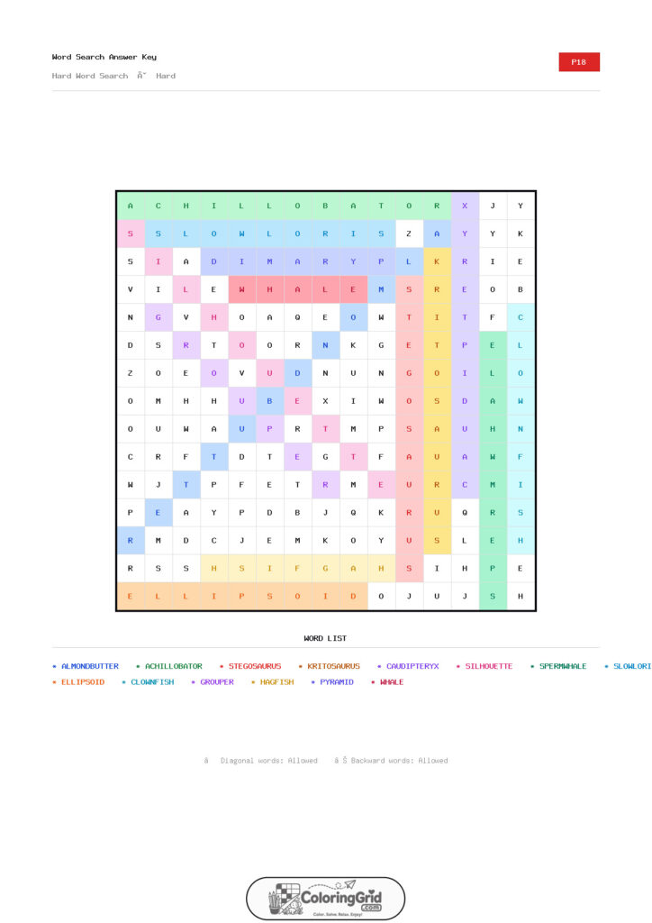 Word Search HARD - Hard Word Search Puzzle 018 - ANSWER