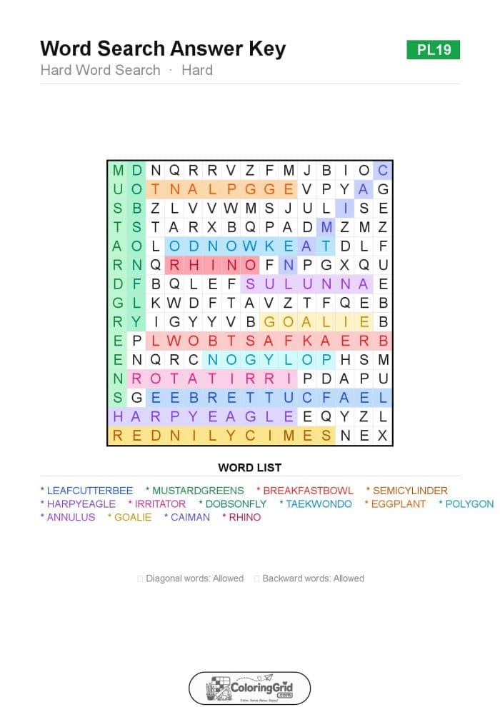 Word Search HARD - Hard Word Search Puzzle 019 - ANSWER