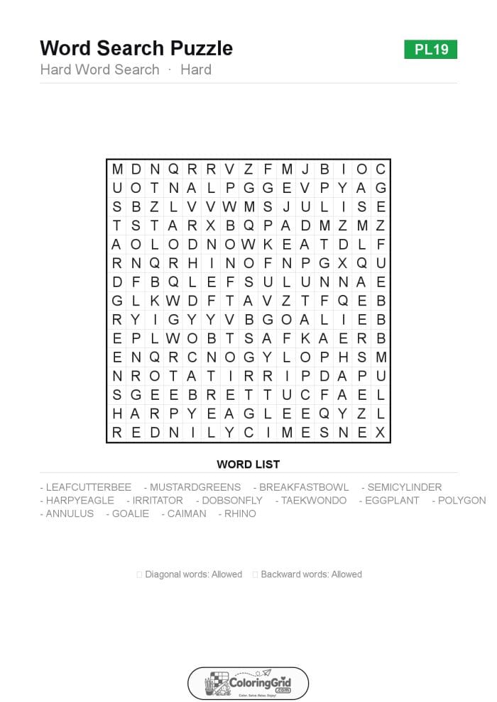 Word Search HARD - Hard Word Search Puzzle 019