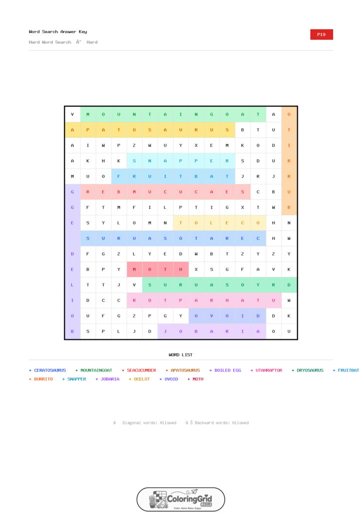 Word Search HARD - Hard Word Search Puzzle 019 - ANSWER