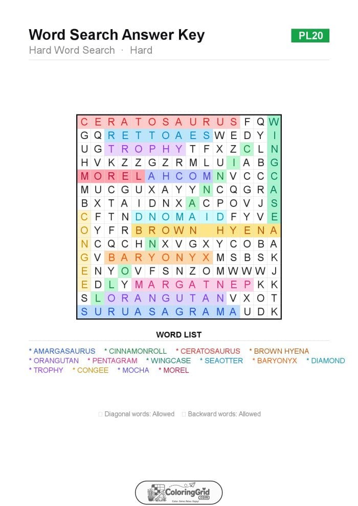 Word Search HARD - Hard Word Search Puzzle 020 - ANSWER