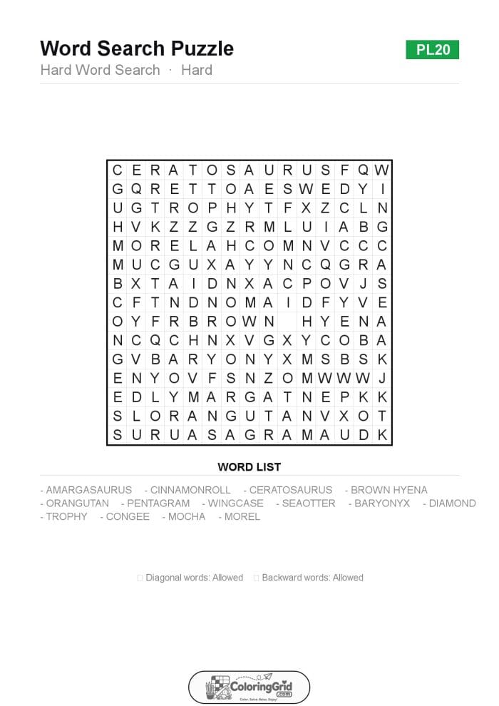 Word Search HARD - Hard Word Search Puzzle 020