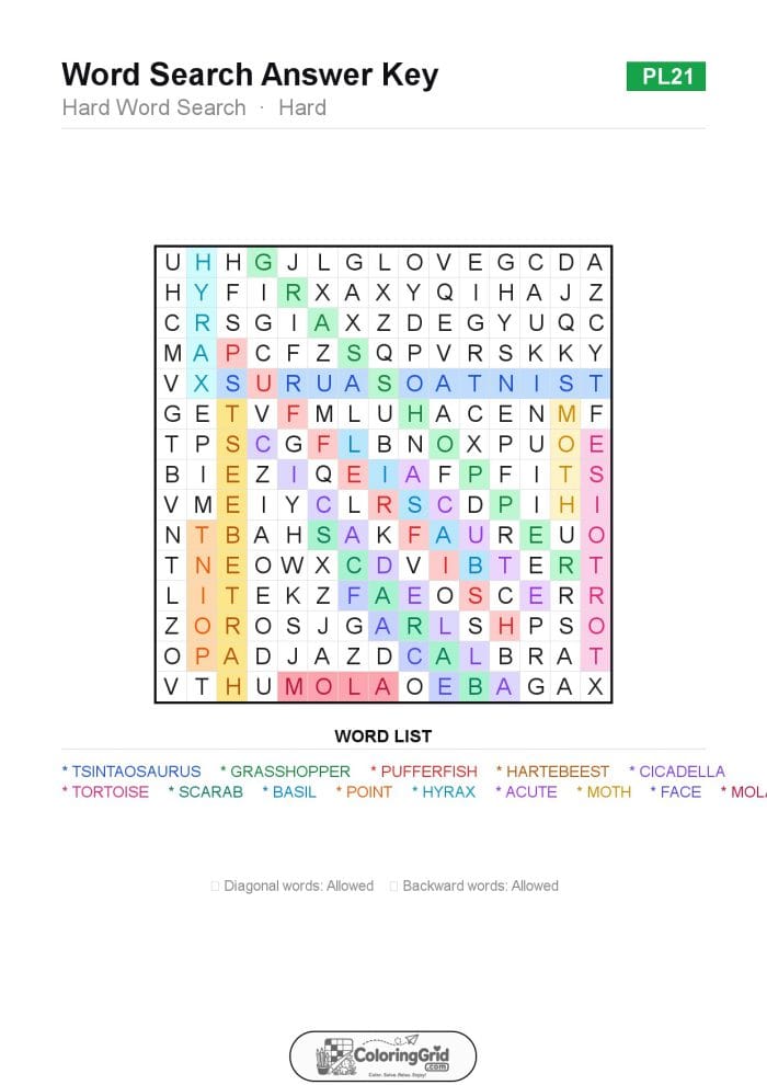 Word Search HARD - Hard Word Search Puzzle 021 - ANSWER
