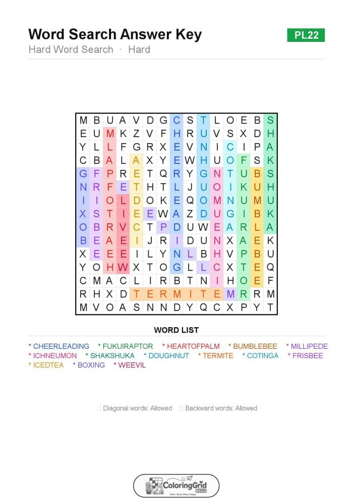 Word Search HARD - Hard Word Search Puzzle 022 - ANSWER