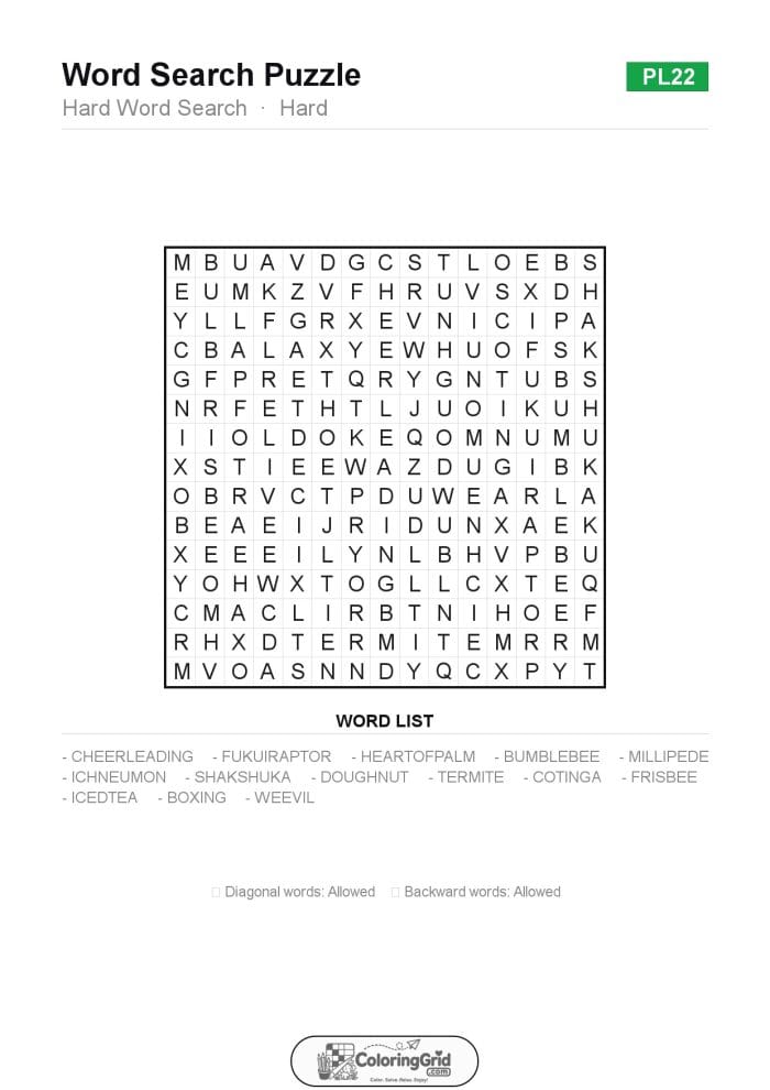 Word Search HARD - Hard Word Search Puzzle 022