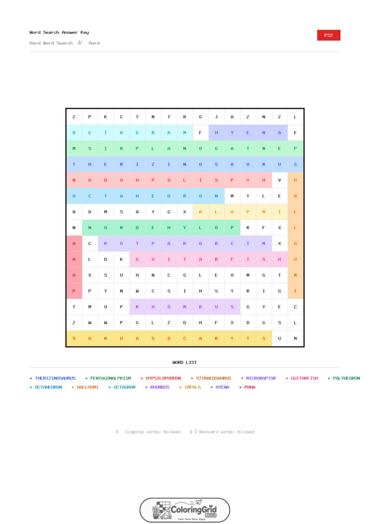 Word Search HARD - Hard Word Search Puzzle 022 - ANSWER