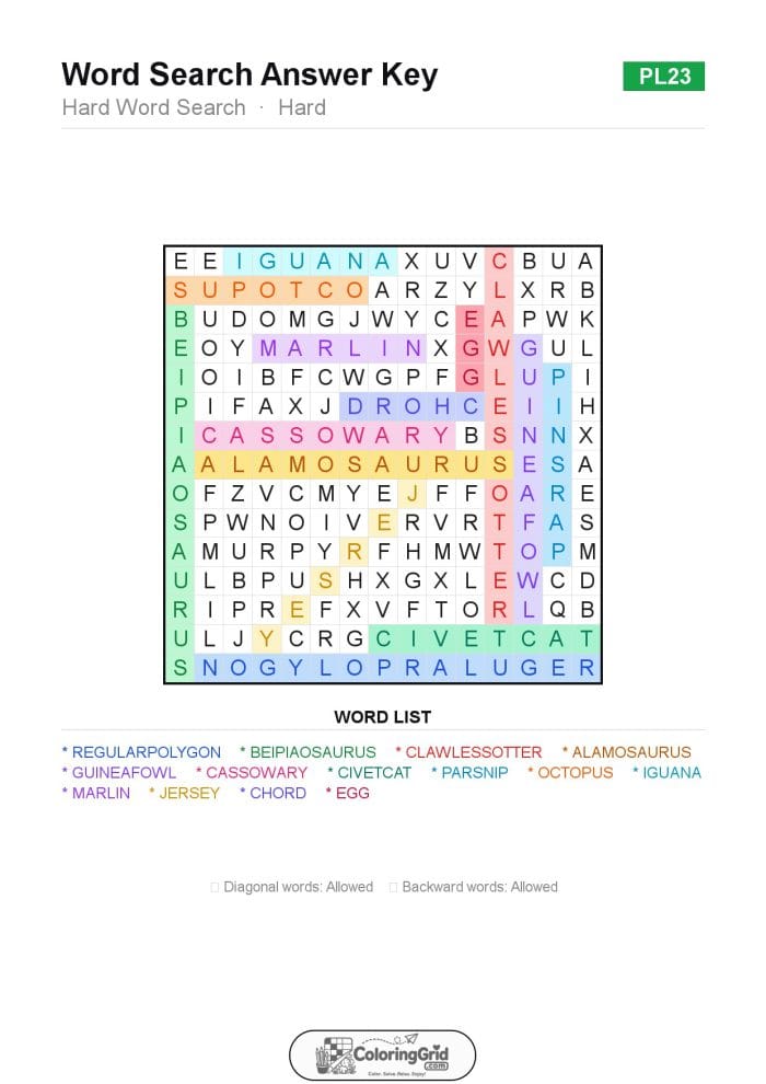 Word Search HARD - Hard Word Search Puzzle 023 - ANSWER
