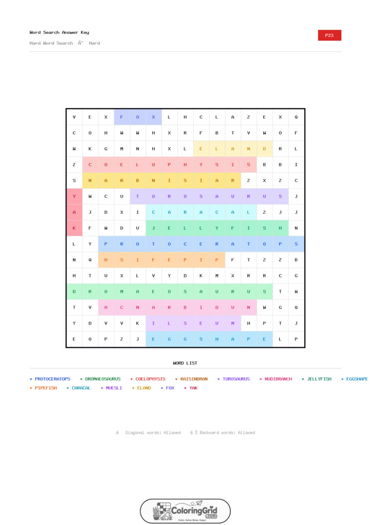 Word Search HARD - Hard Word Search Puzzle 023 - ANSWER