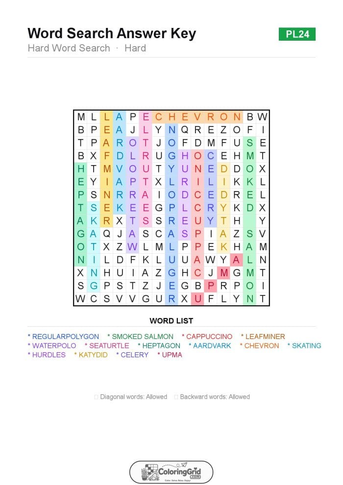 Word Search HARD - Hard Word Search Puzzle 024 - ANSWER