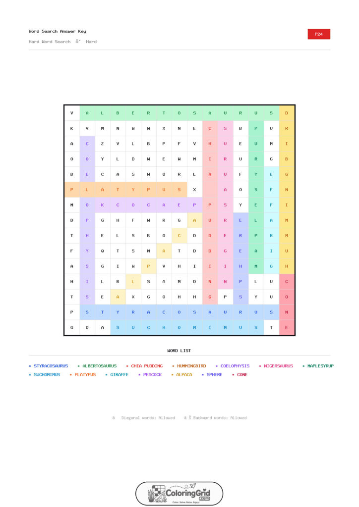 Word Search HARD - Hard Word Search Puzzle 024 - ANSWER