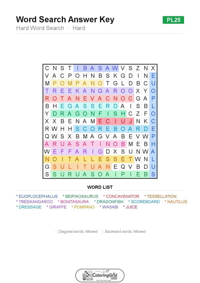 Word Search HARD - Hard Word Search Puzzle 025 - ANSWER