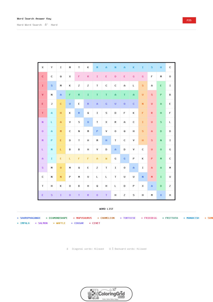 Word Search HARD - Hard Word Search Puzzle 025 - ANSWER