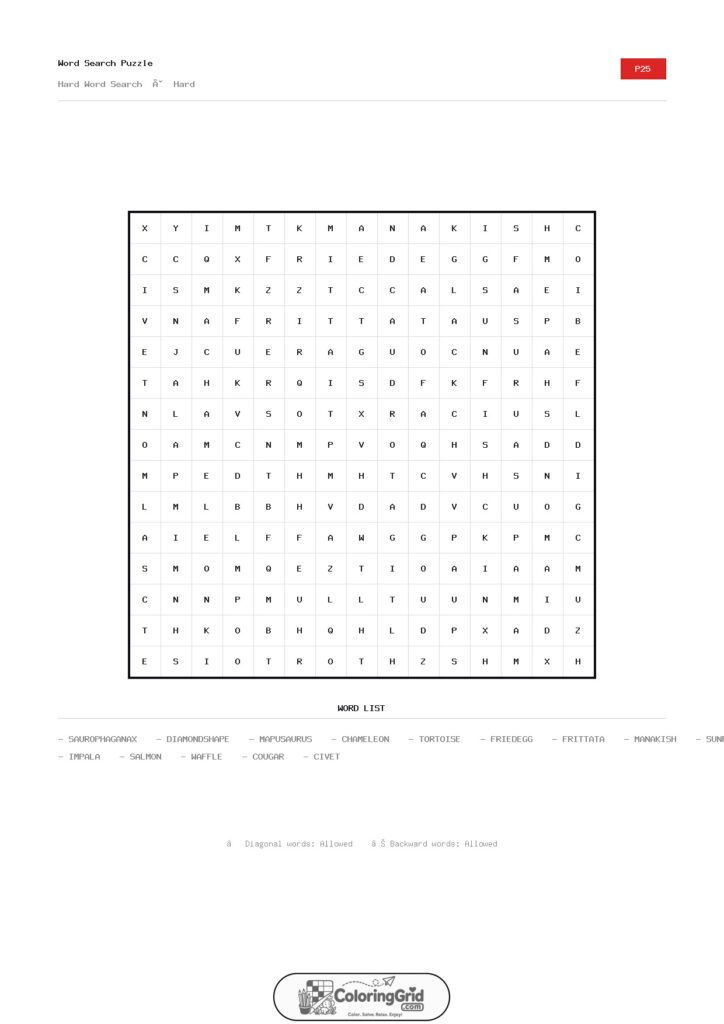 Word Search HARD - Hard Word Search Puzzle 025