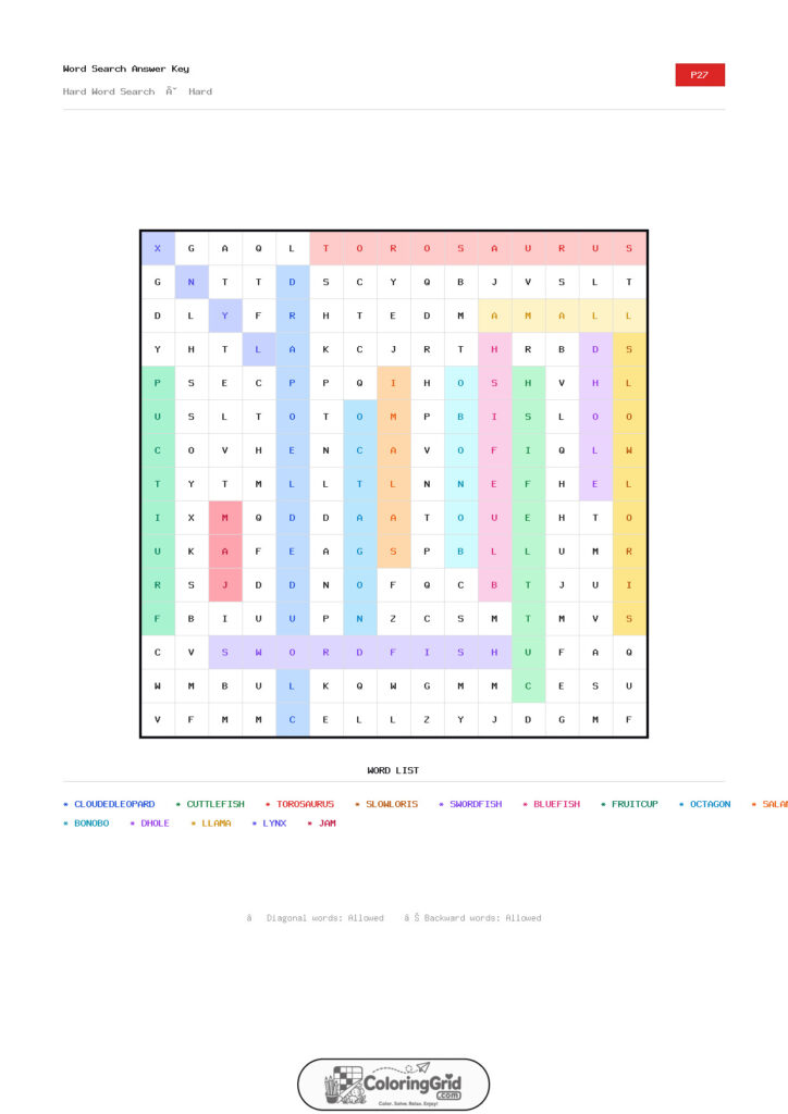 Word Search HARD - Hard Word Search Puzzle 027 - ANSWER