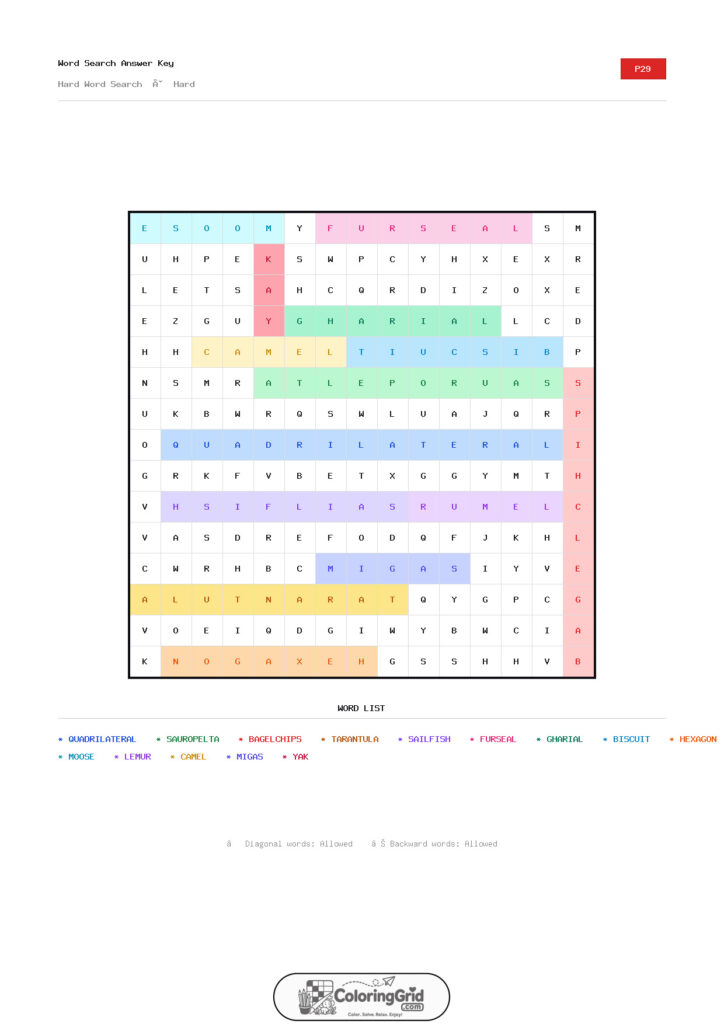 Word Search HARD - Hard Word Search Puzzle 029 - ANSWER