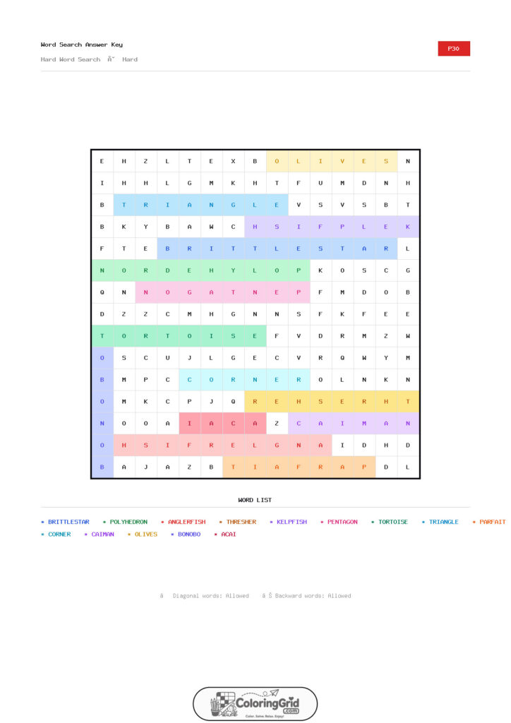 Word Search HARD - Hard Word Search Puzzle 030 - ANSWER