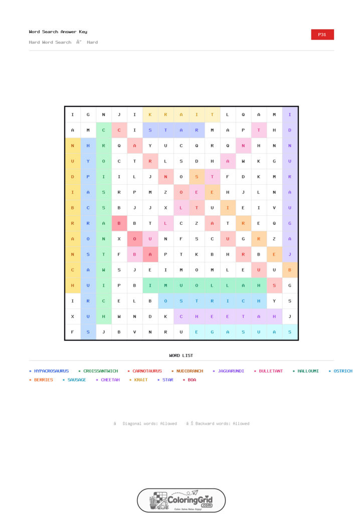 Word Search HARD - Hard Word Search Puzzle 031 - ANSWER