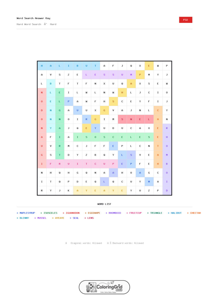 Word Search HARD - Hard Word Search Puzzle 032 - ANSWER