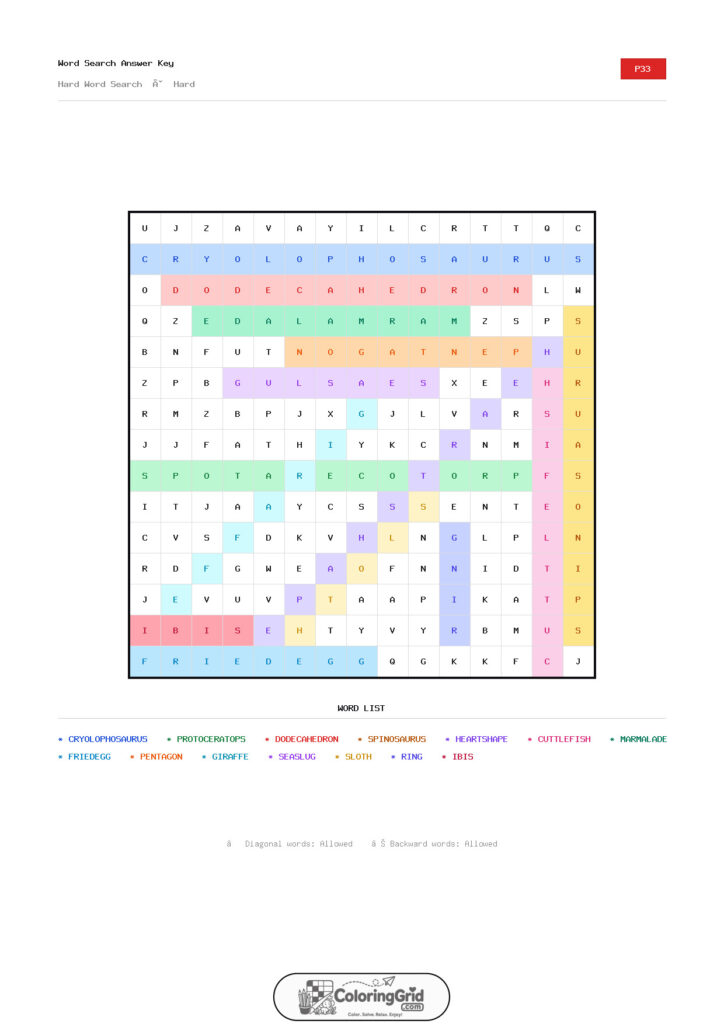 Word Search HARD - Hard Word Search Puzzle 033 - ANSWER