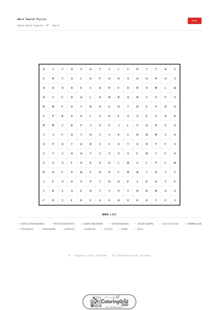 Word Search HARD - Hard Word Search Puzzle 033
