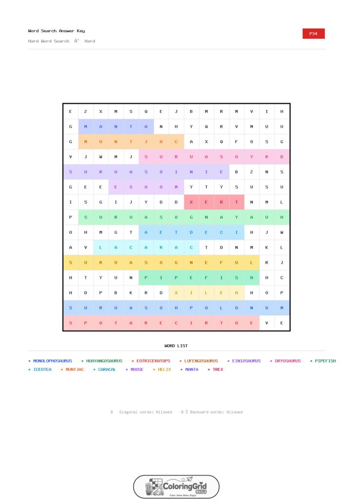 Word Search HARD - Hard Word Search Puzzle 034 - ANSWER