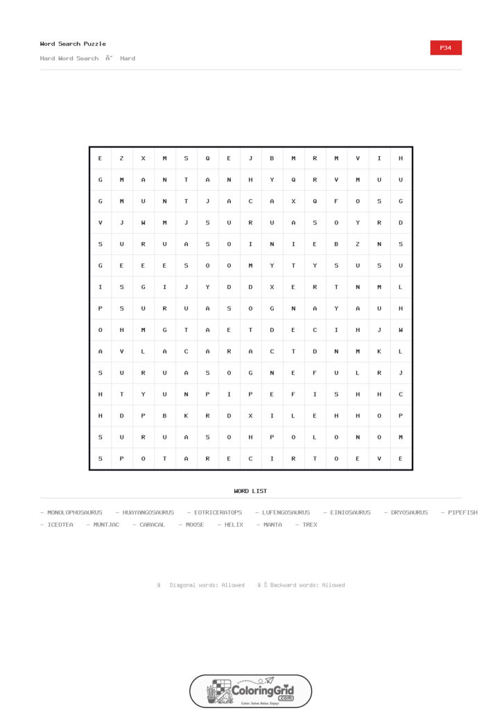 Word Search HARD - Hard Word Search Puzzle 034