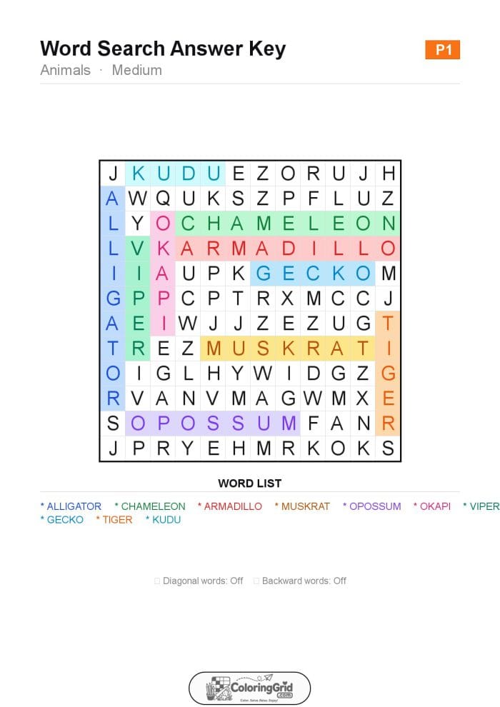Word Search MEDIUM - Animals Puzzle 001 - ANSWER