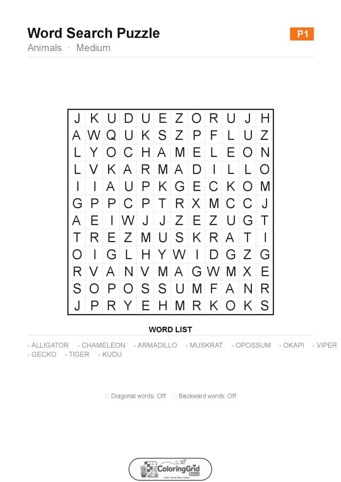 Word Search MEDIUM - Animals Puzzle 001