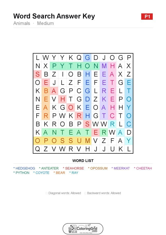 Word Search MEDIUM - Animals Puzzle 001 - ANSWER